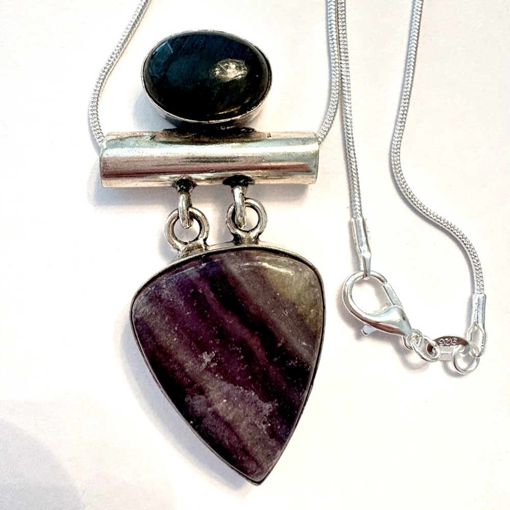 2 inch, 925 marked, Fluorite and Fiery Labradorite pendant on a silver chain.
